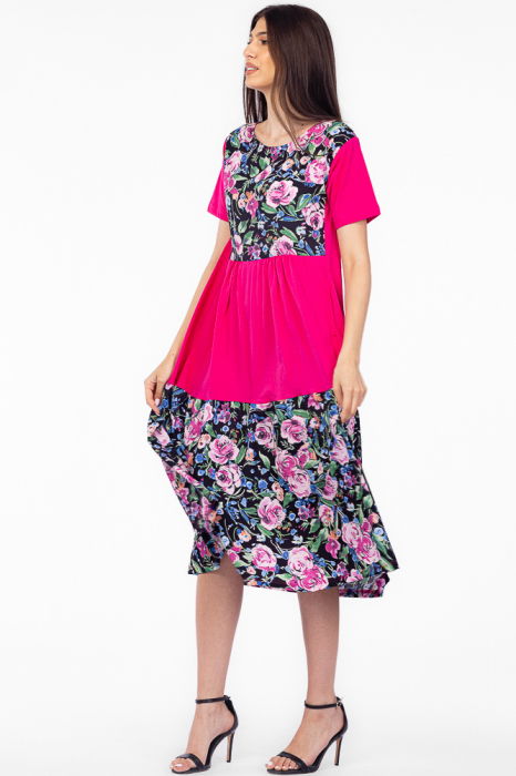 Rochie fucsia cu platca si doua volane, imprimeu trandafiri, din bumbac [2]