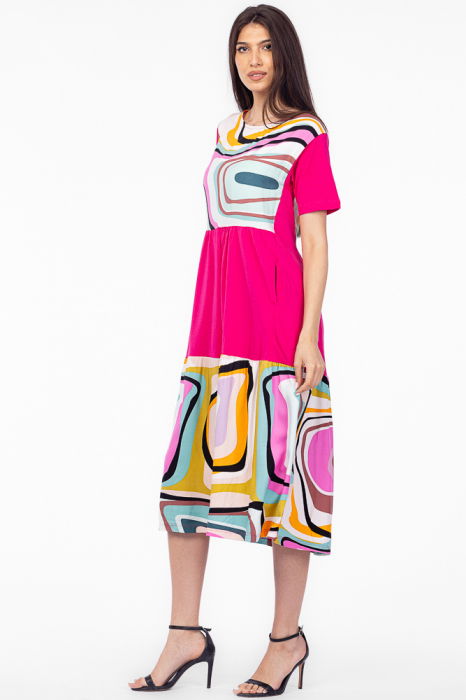 Rochie fucsia cu platca si doua volane, imprimeu dungi, din bumbac [2]