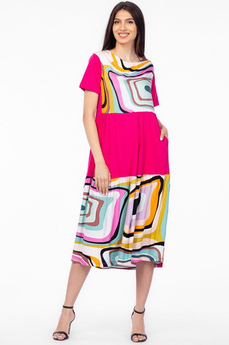 Rochie fucsia cu platca si doua volane, imprimeu dungi, din bumbac [1]