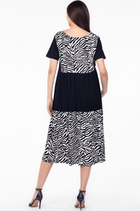 Rochie neagra cu platca si doua volane, imprimeu animal print, din bumbac [4]