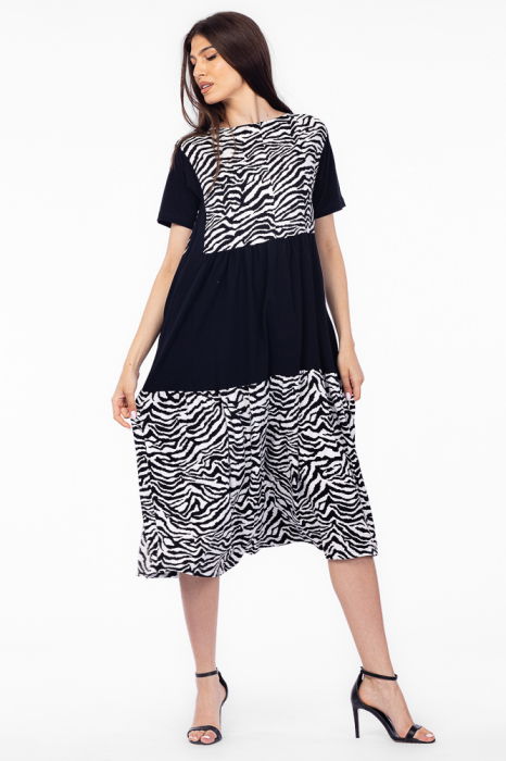 Rochie neagra cu platca si doua volane, imprimeu animal print, din bumbac [2]