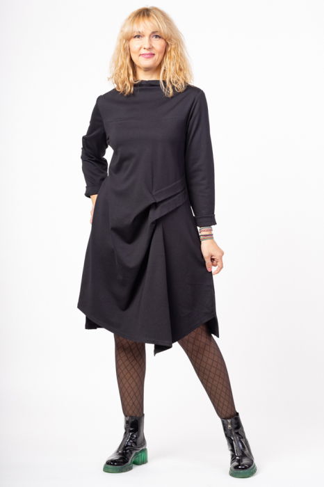 Rochie neagra din bumbac cu doua cute pe talie [3]