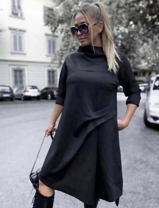 Rochie neagra din bumbac cu doua cute pe talie [6]