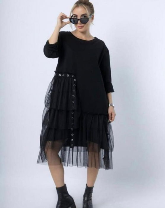 Rochie neagra din bumbac cu volan din tulle si cordon cercuri metalice argintii [1]