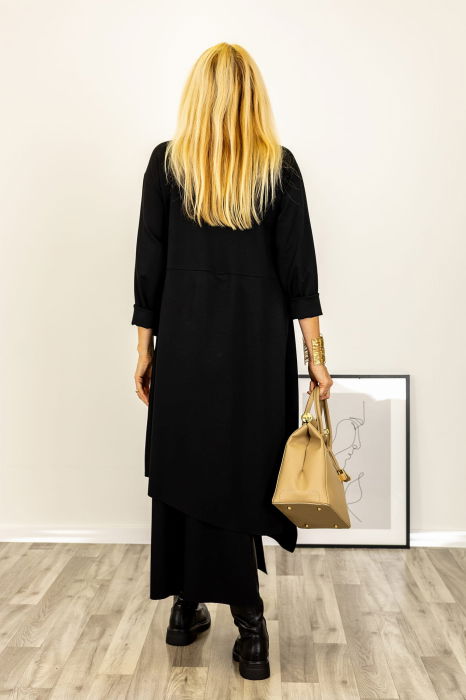 Rochie maxi asimetrica cu volane, din tricot de vascoza, neagra [2]