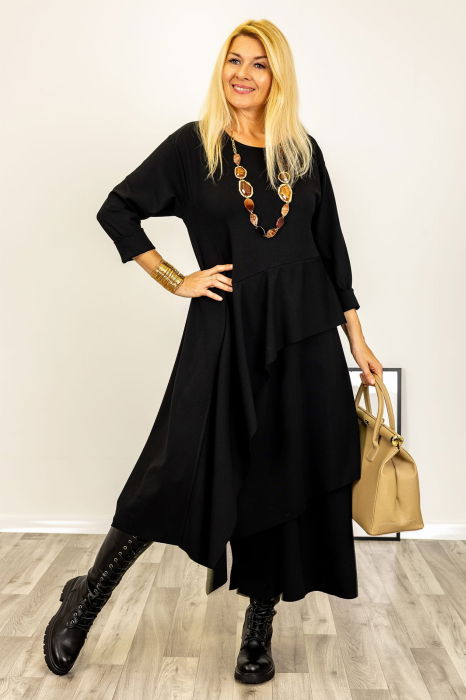 Rochie maxi asimetrica cu volane, din tricot de vascoza, neagra [3]