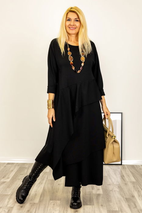 Rochie maxi asimetrica cu volane, din tricot de vascoza, neagra [4]