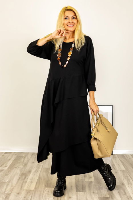 Rochie maxi asimetrica cu volane, din tricot de vascoza, neagra [5]