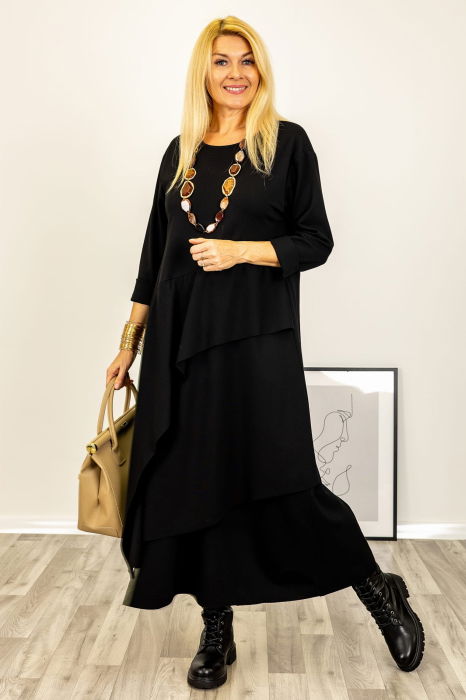 Rochie maxi asimetrica cu volane, din tricot de vascoza, neagra [1]