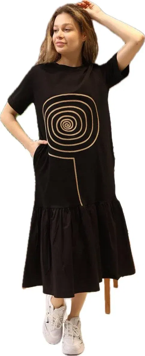 Rochie neagra din jerseu cu aplicatie aurie Lollipop si volan de poplin de bumbac, cu maneca scurta [2]