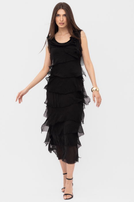 Rochie neagra din matase si vascoza cu  volane franjurate suprapuse, fara maneci [3]