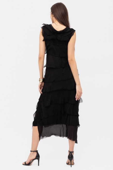 Rochie neagra din matase si vascoza cu  volane franjurate suprapuse, fara maneci [6]