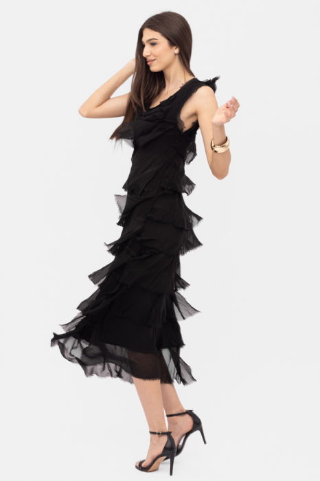 Rochie neagra din matase si vascoza cu  volane franjurate suprapuse, fara maneci [5]