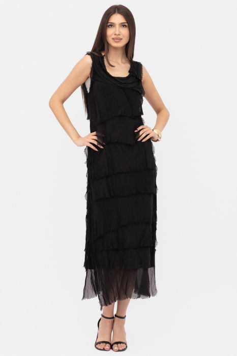 Rochie neagra din matase si vascoza cu  volane franjurate suprapuse, fara maneci [2]