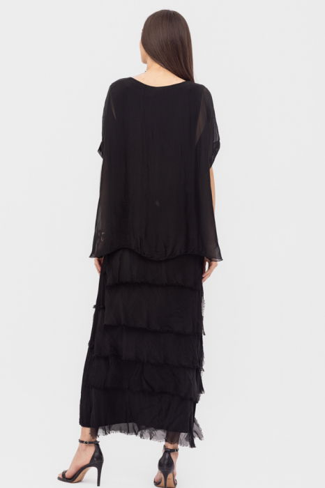 Rochie neagra din matase si vascoza cu  volane franjurate suprapuse [4]