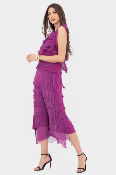 Rochie magenta din matase si vascoza cu  volane franjurate suprapuse, fara maneci [4]