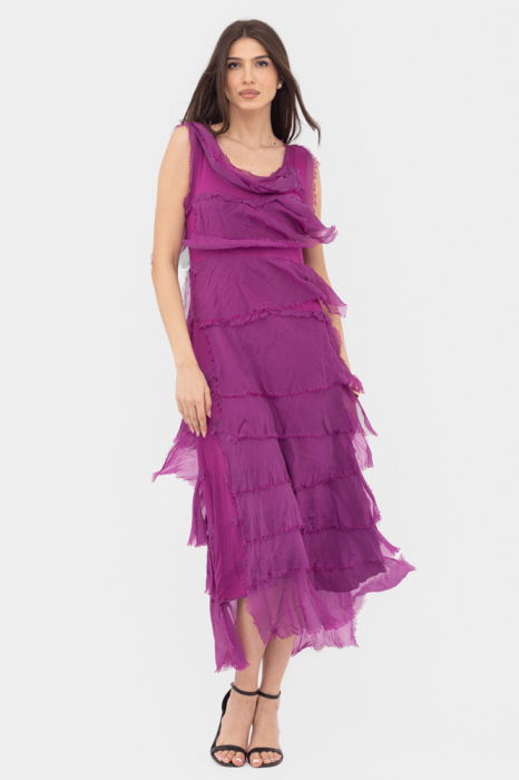 Rochie magenta din matase si vascoza cu  volane franjurate suprapuse, fara maneci [2]