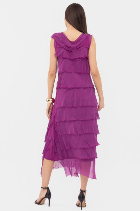 Rochie magenta din matase si vascoza cu  volane franjurate suprapuse, fara maneci [5]