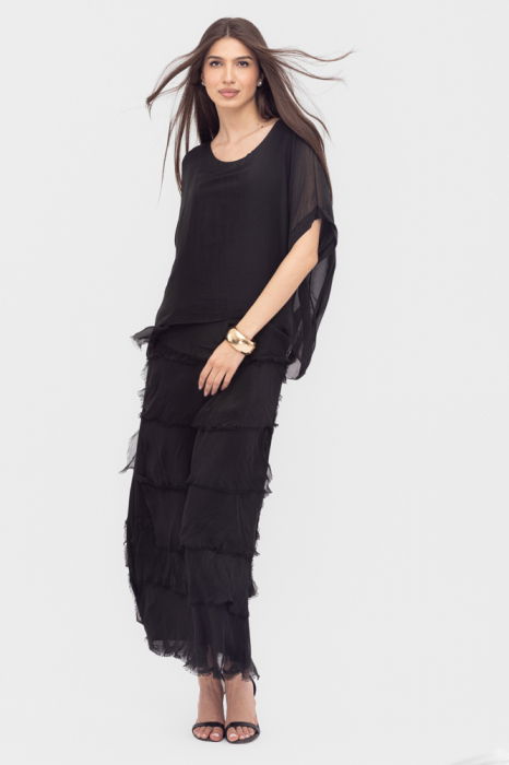 Rochie neagra din matase si vascoza cu  volane franjurate suprapuse [3]