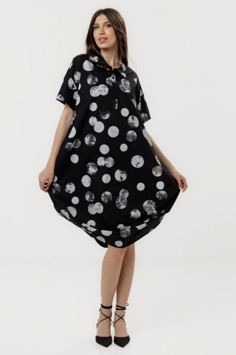 Rochie neagra tip lalea cu guler clasic, din bumbac cu imprimeu cu buline [2]