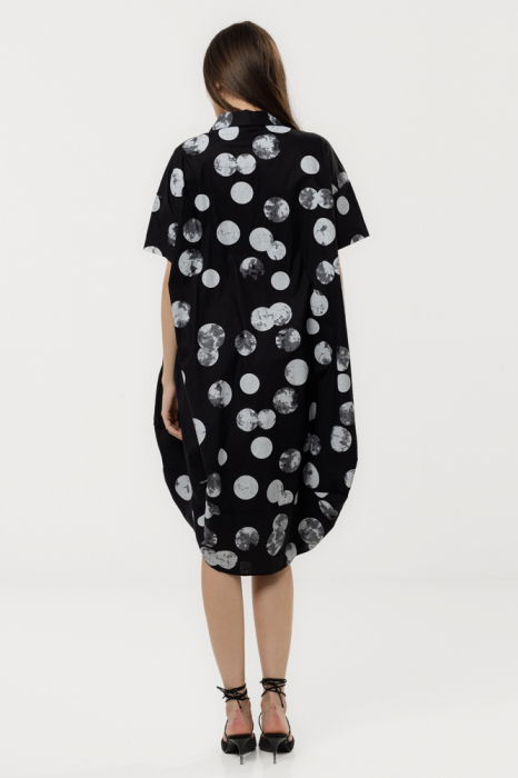 Rochie neagra tip lalea cu guler clasic, din bumbac cu imprimeu cu buline [4]