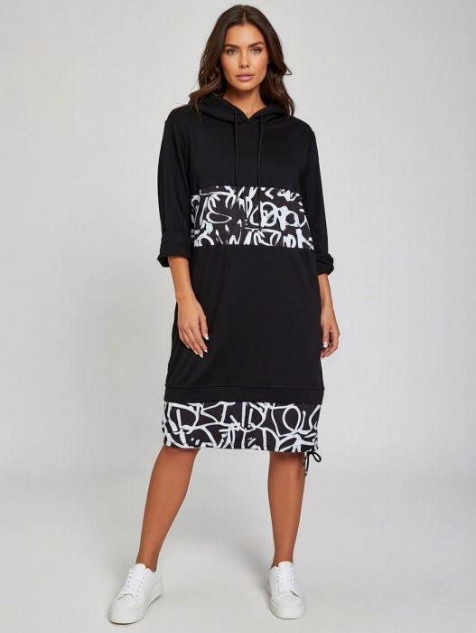 Rochie neagra, din tricot de bumbac cu insertii alb-negru, stransa la baza [1]