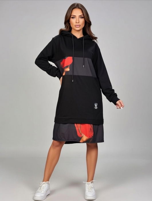 Rochie neagra, din tricot de bumbac cu insertii imprimate cu rosu , stransa la baza [1]