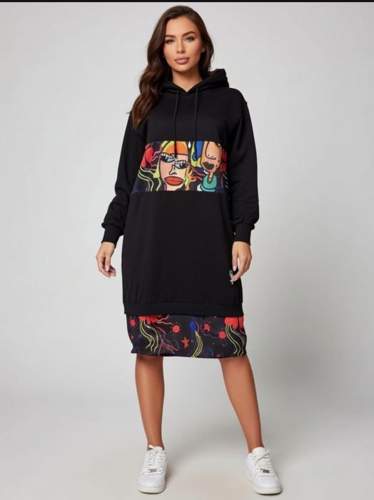 Rochie neagra, din tricot de bumbac cu insertii imprimate cu chipuri, stransa la baza [1]