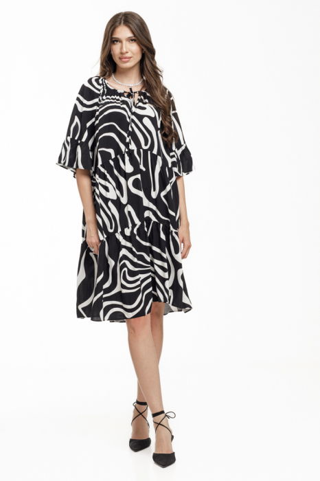 Rochie midi neagra din vascoza fluida cu dungi ondulate albe si volane [2]