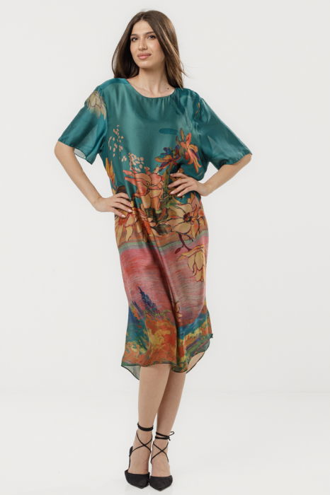 Rochie turcoaz eleganta satinata A-line cu croiala lejera si imprimeu floral in tonuri de roz-oranj [2]