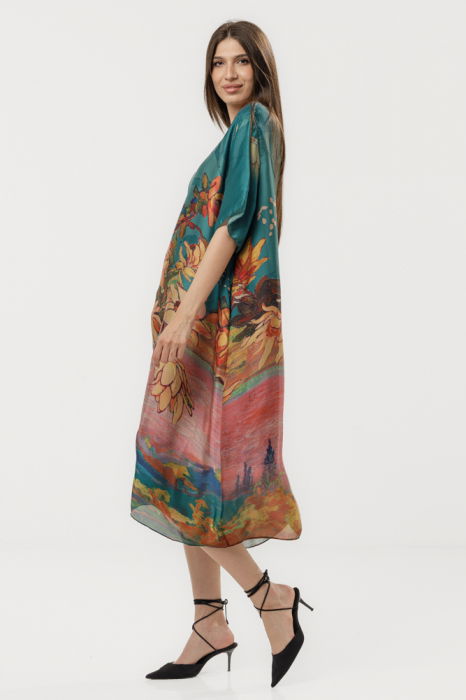 Rochie turcoaz eleganta satinata A-line cu croiala lejera si imprimeu floral in tonuri de roz-oranj [3]