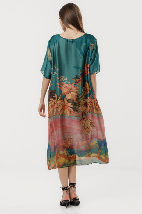 Rochie turcoaz eleganta satinata A-line cu croiala lejera si imprimeu floral in tonuri de roz-oranj [4]