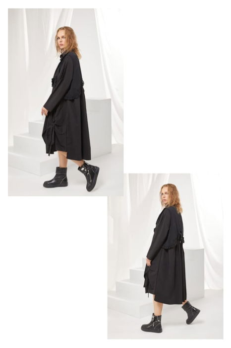 Set rochie neagra oversize cu guler tip camasa si vesta cu volanas [2]