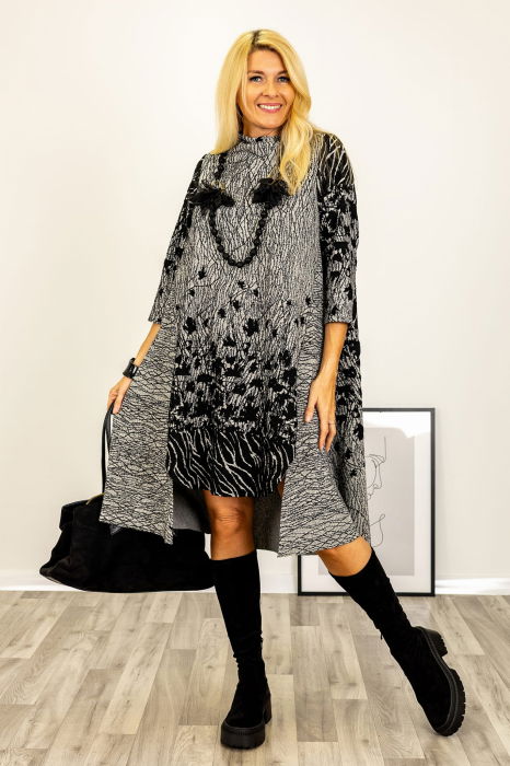Rochie oversize gri negru cu imprimeu abstract si croi lejer [1]