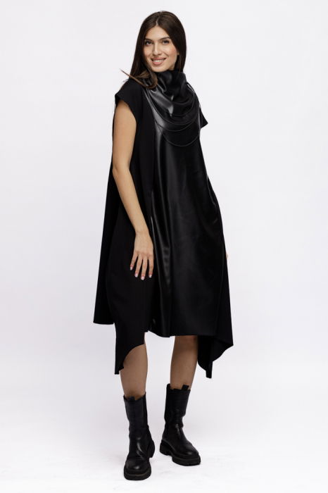 Rochie neagra in colturi din jerseu de bumbac punto milano, cu insertie de piele ecologica [3]