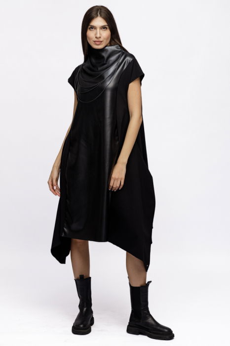 Rochie neagra in colturi din jerseu de bumbac punto milano, cu insertie de piele ecologica [2]