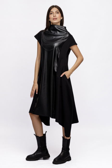 Rochie neagra in colturi din jerseu de bumbac punto milano, cu insertie de piele ecologica [1]