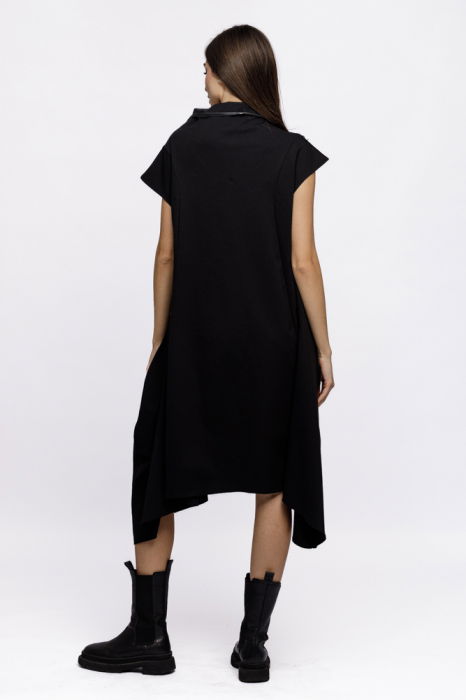 Rochie neagra in colturi din jerseu de bumbac punto milano, cu insertie de piele ecologica [4]