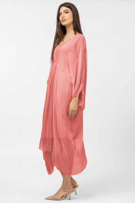 Rochie roz somon in colturi, lunga, ampla, din matase si vascoza, cu detaliu sub bust [2]