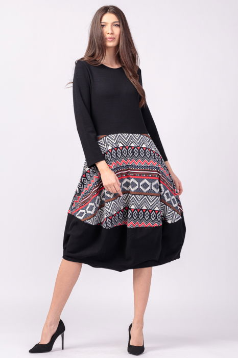 Rochie neagra, lalea, din jerseu, cu imprimeu geometric cu rosu [2]