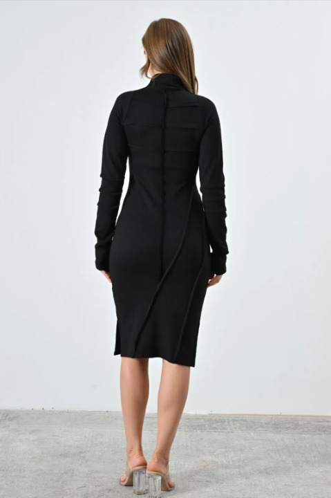 Rochie neagra midi mulata cu maneci lungi si guler inalt – croiala eleganta [3]