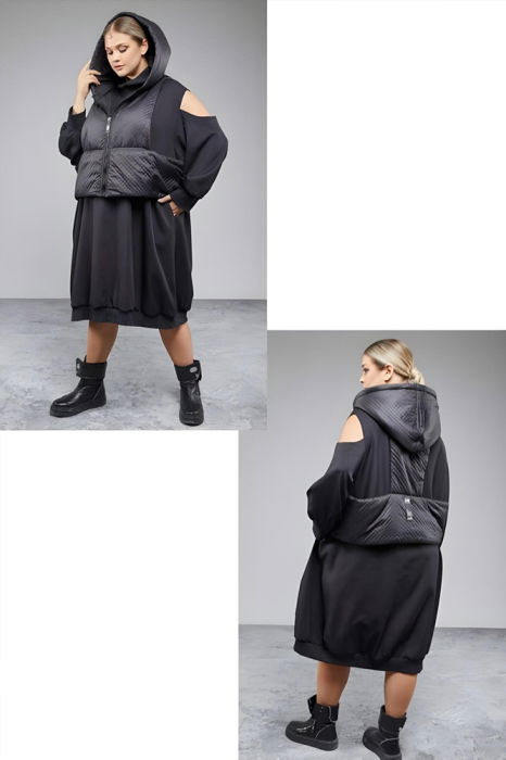 Set rochie neagra oversize cu umeri goi si vesta matlasata [3]