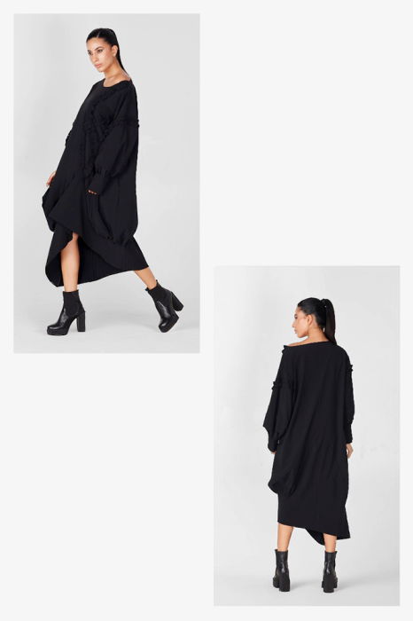 Rochie neagra in colturi cu maneci bufante si aplicatii volane, oversize [2]