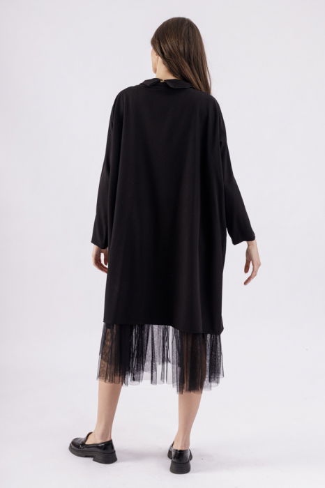Rochie neagra oversize din stofa subtire suprapusa, cu buzunar si guler rasucit [6]