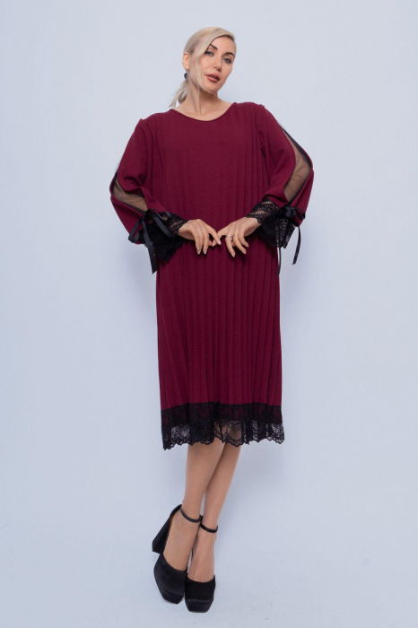 Rochie bordo plisata midi cu maneca dublata cu tull si dantela [1]