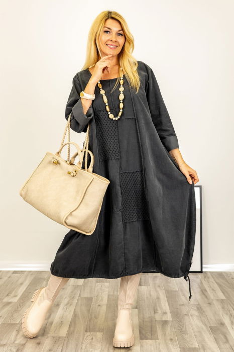 Rochie oversize A-line, din catifea reiata cu snur in partea de jos, gri