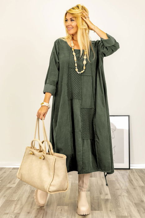 Rochie oversize A-line, din catifea reiata cu snur in partea de jos, kaki [3]