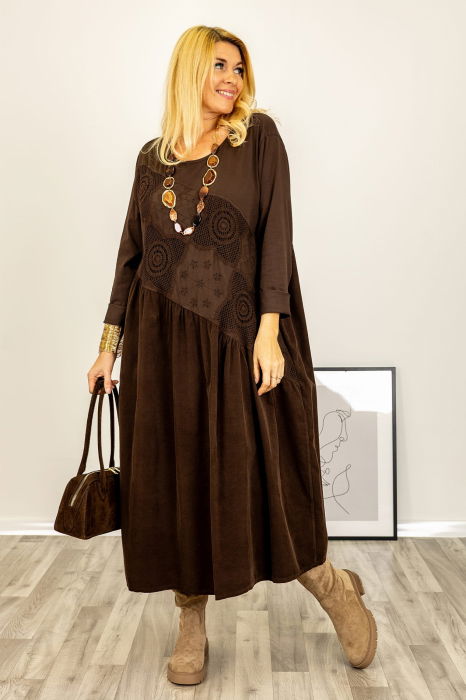 Rochie oversize A-line, din catifea reiata cu snur in partea de jos, maro [2]