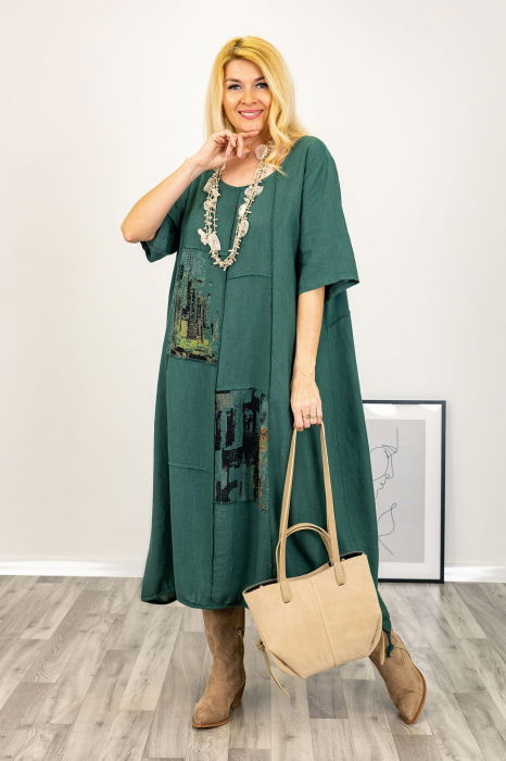 Rochie oversize A-line, din in cu snur in partea de jos, verde forest