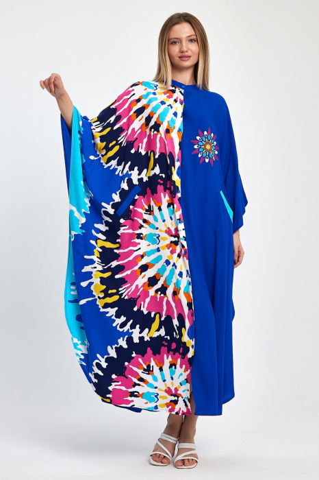 Rochie oversize, cu imprimeu si broderie in nunte de albastru, din vascoza [8]